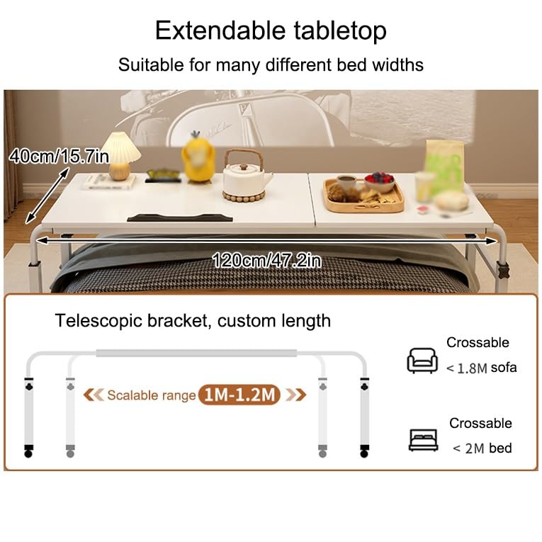 Table de lit réglable à roulettes, Table de Chevet d'hôpital, Bureau Mobile pour Ordinateur Portable au lit, Hauteur sous Plafond de 1,2 m à 1,8 m