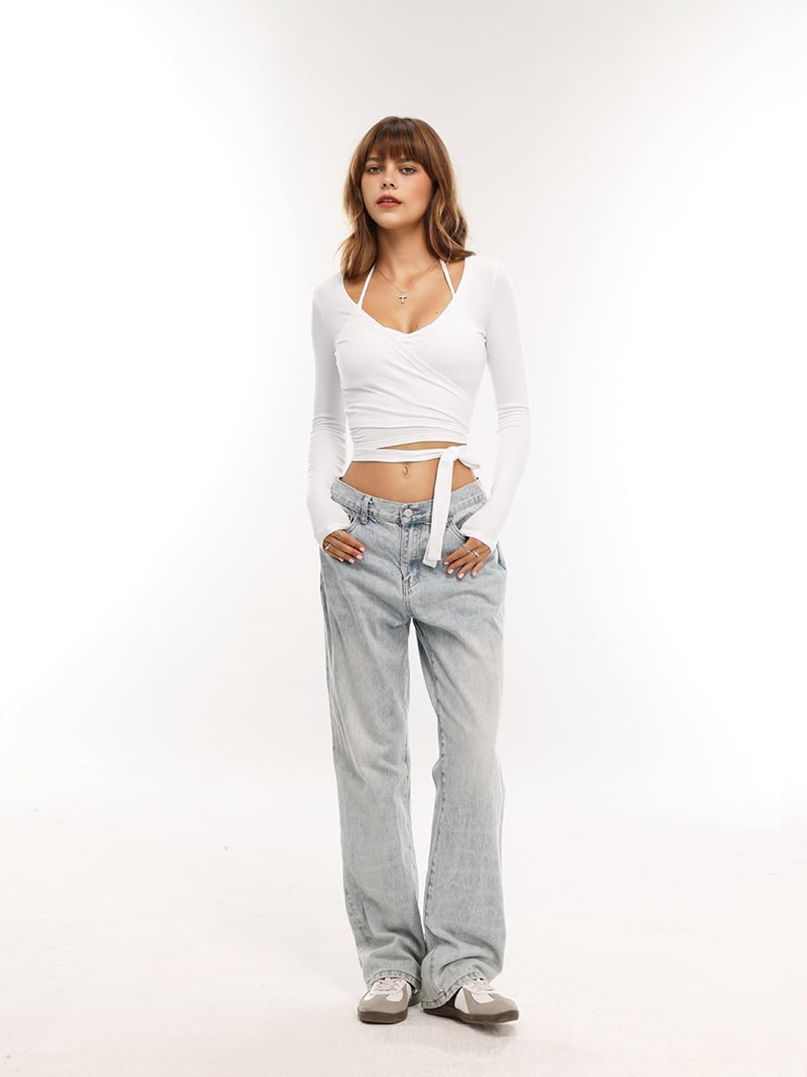 Danysu Ballet Wrap Tops Long Sleeve Cross Tie Crop Shirts Deep V-Neck Dance Clothes Fall Cardigans - Image 7