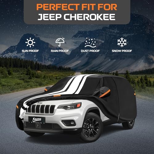 Image of Kayme Jeep Cherokee Car Cover Waterproof All Weather for Automobiles | Custom Fit for Cherokee (2013-2023), Gift with Tape /Towel /Bag, Outdoor Full Exterior Cover Rain Snow Sun UV Protection.