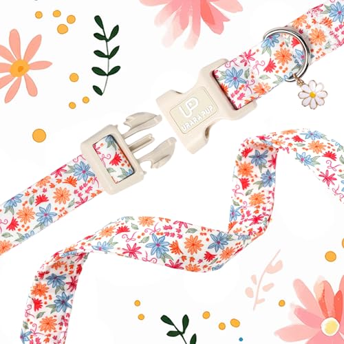 Image of Floral Cotton Dog Collar,Summer Flower Print Dog Collar, Soft Adjustable Puppy Collars with Flower Charm & Quick Release Buckle for Small Medium Large Dogs