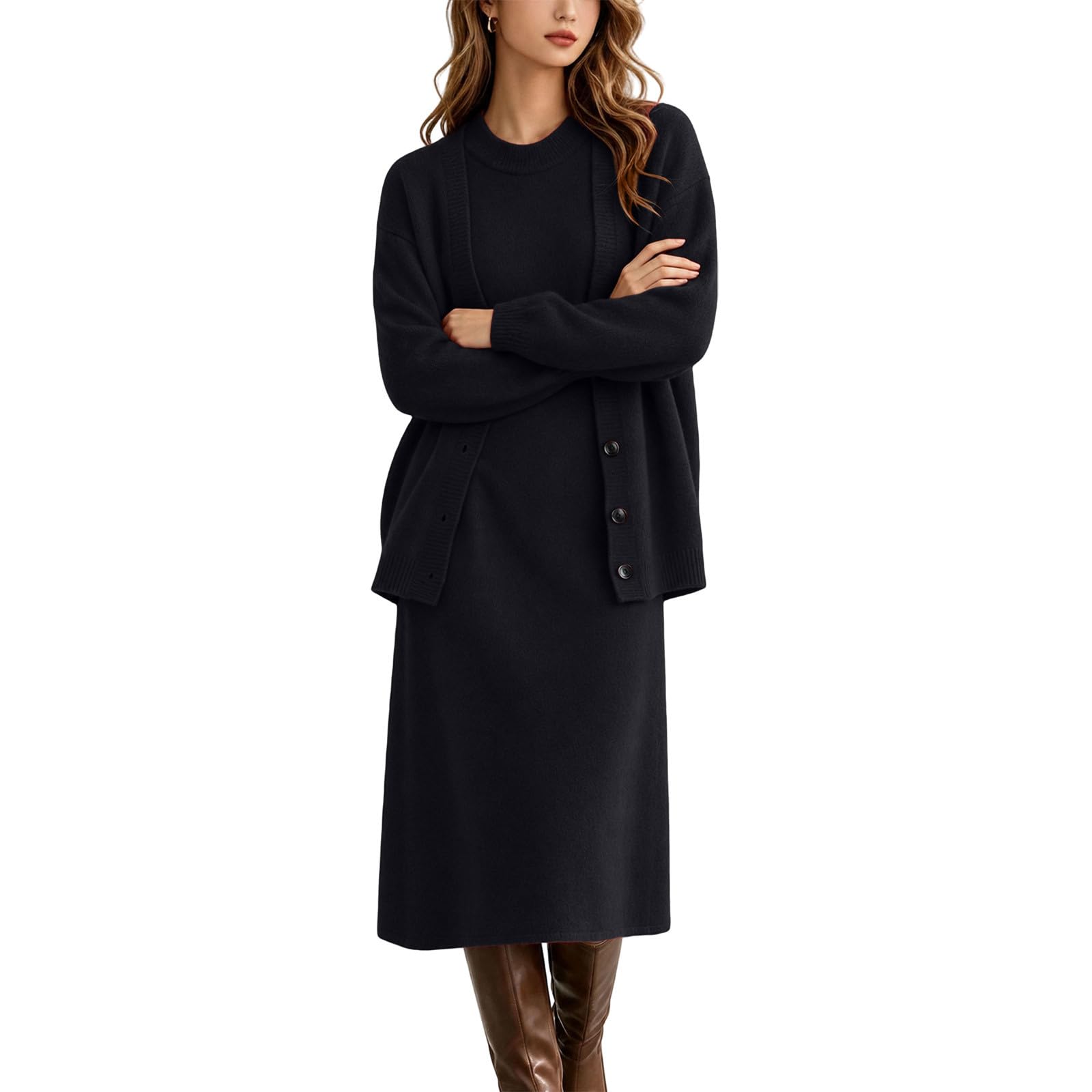 Conjunto de 2 piezas para mujer, manga larga, cuello redondo, vestido midi de punto con botones, cárdigan para otoño e invierno, cálido, cómodo, ajustado, traje de vestir