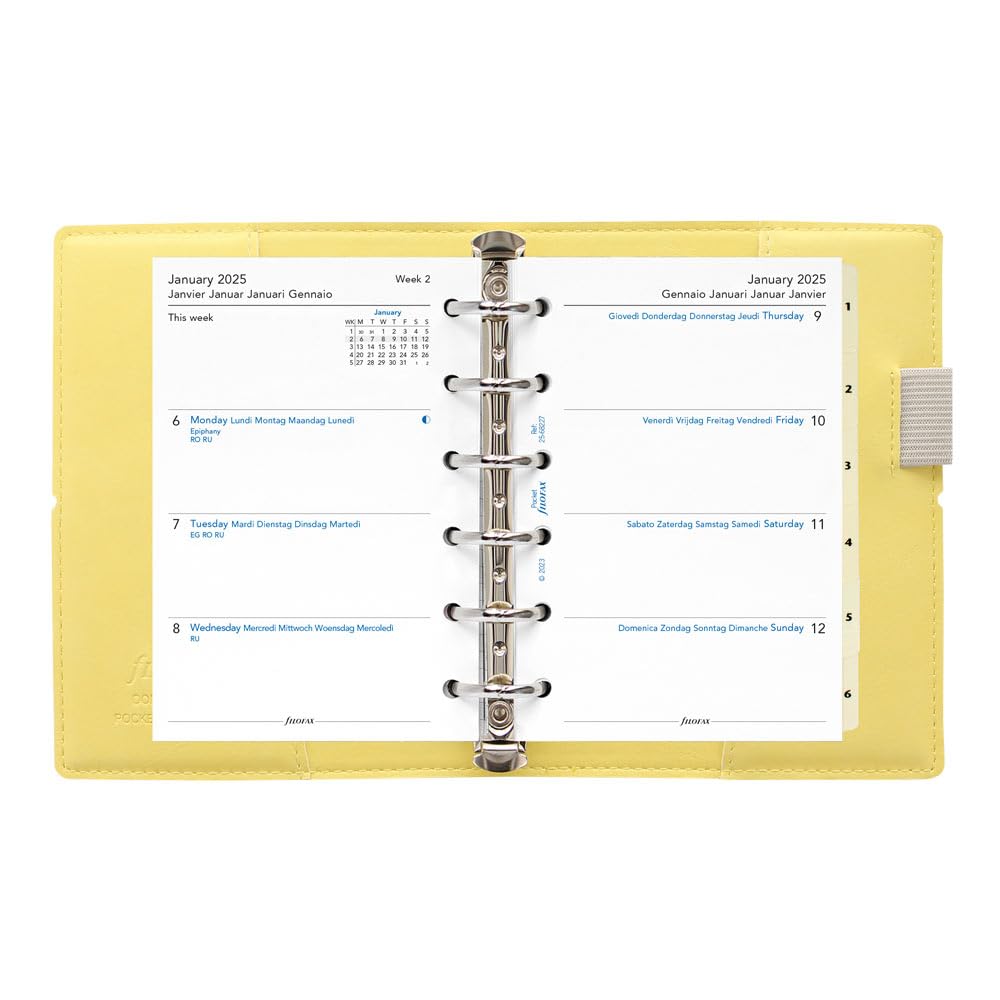 Filofax Domino C022610-25 - Agenda settimanale 2025, formato tascabile, formato tascabile, effetto pelle, effetto grana, tattile, con 6 anelli, visualizzazione settimanale, multilingue