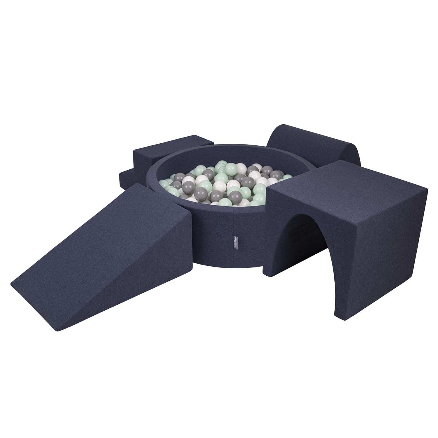 KiddyMoon Foam Playground For Kids With Round Ballpit (300 Balls ∅ 7Cm/2.75In) Soft Obstacles Course And Ball Pool, Made In EU, Darkblue:White/Grey/Mint