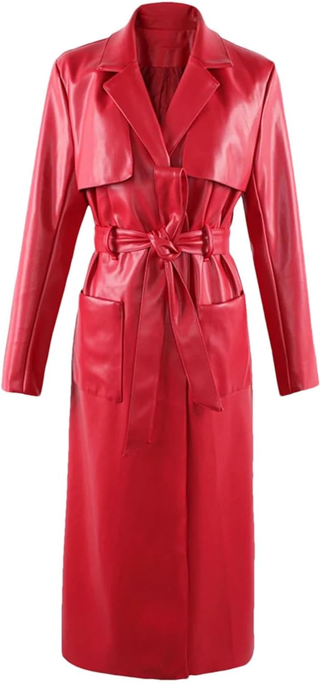 Women Long Soft Leather Trench Coat For Women Pockets Sashes Luxury Elegant Overcoat