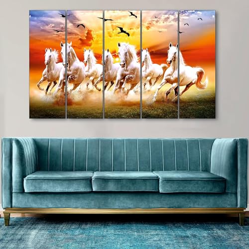 Image of KYARA ARTS seven vastu running horse wall painting (30 inch x 48 inch wooden multiple framed)