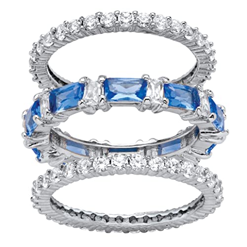 PalmBeach Platinum-plated Emerald Cut Simulated Blue Sapphire and Baguette Cubic Zirconia 3 Piece Set Bridal Eternity Ring Sizes 6-10