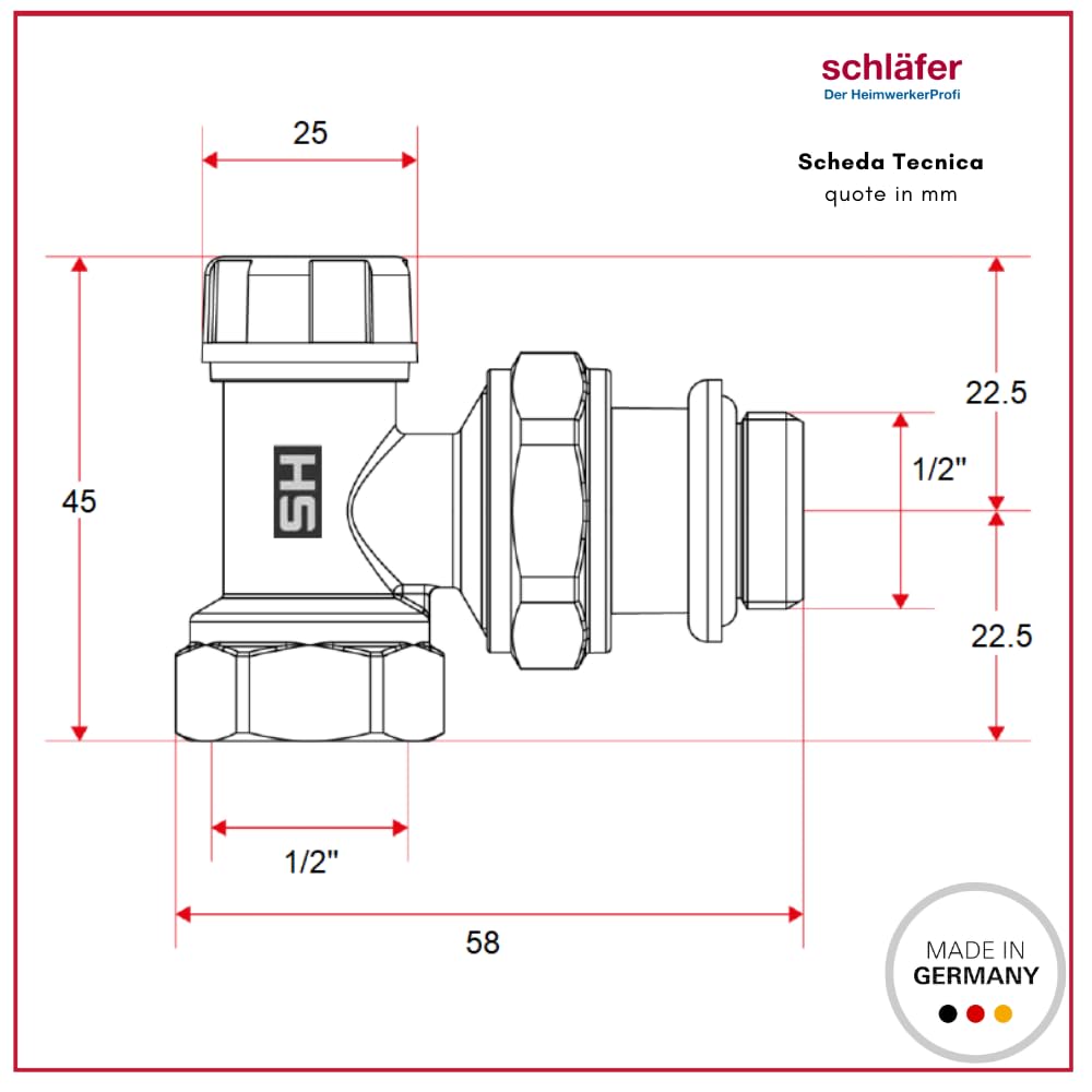 Schläfer 37021712 | Kit Termostatico ad angolo 1/2 completo con valvola termostatizzabile, testa di comando impostazione 0-28 C e detentore per termosiofone, Termoarredi, Scaldasalviette