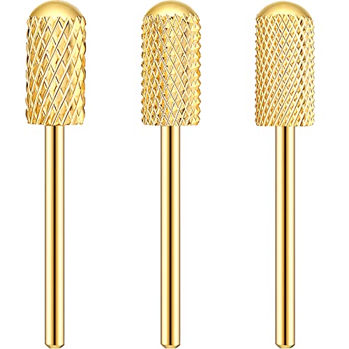 3 Pieces Nail Drill Diamond Bits Set Safety Acrylic Nail Carbide Cuticle Bits Smooth Round Head Bits Manicure Drill Bits Set for Gel Nails Remove Home Salon, 3/32 Inch (Gold,F, M, XC)