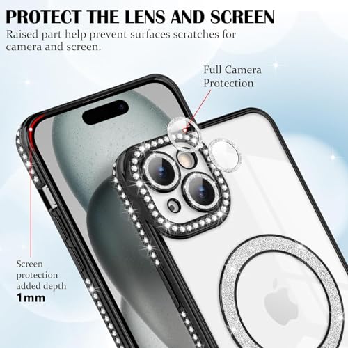Image of Cute Compatible with iPhone 13 Diamon Glitter Case,Luxury Bling Rhinestone Soft Clear TPU Bumper Case,Compatible with MagSfe and Camera Lens Protection Cover for Women Girls (Black)