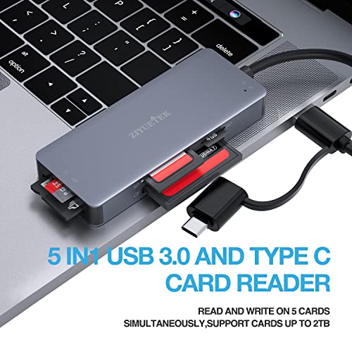 Image of USB C USB3.0 SD Card Reader, 5in1 Multi Card Reader for SD /TF /CF /Micro SD /MS /M2, Drive Free for iPhone 15 pro max /Windows /Mac /Linux /Android (USB3.0 and Type-C)