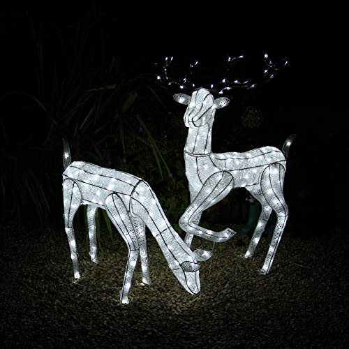 Light Up Reindeer White Stag And Doe Set Christmas Decoration Figure Cool LEDs Ornament Indoor Or Outdoor Use Glitter Large