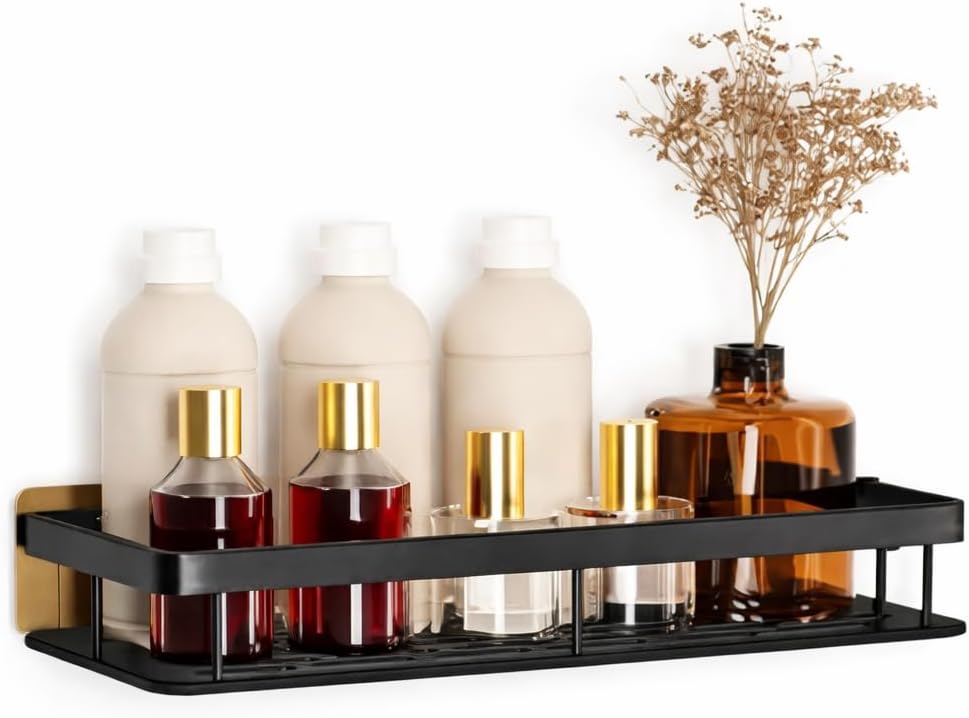 SHOSHIN Aluminium Wall Mounted Bathroom Shelf with Single Shelf, Black, Self Adhesive, Rustproof Organizer Rack, Space Saving, No Drill Installation, 30x5.5x13 cm