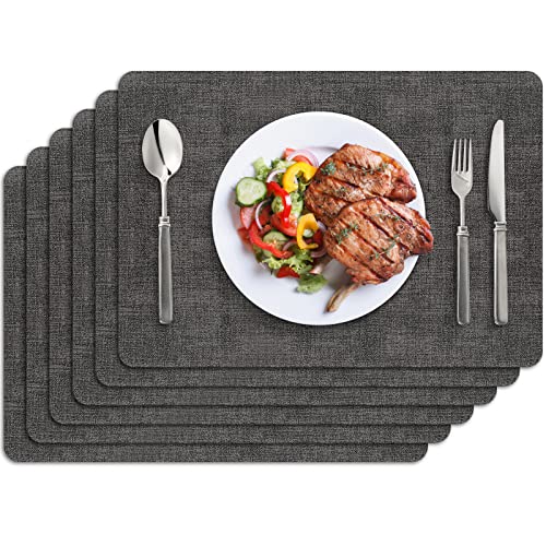 BIPASION - BIPASION Placemats, Faux Leather Heat Resistant Placemats for Dining Table Set of 6, Waterproof Wipeable Washable Place Mats, Easy to Clean Non-Slip Table Mats, 11.8" x 17", Black