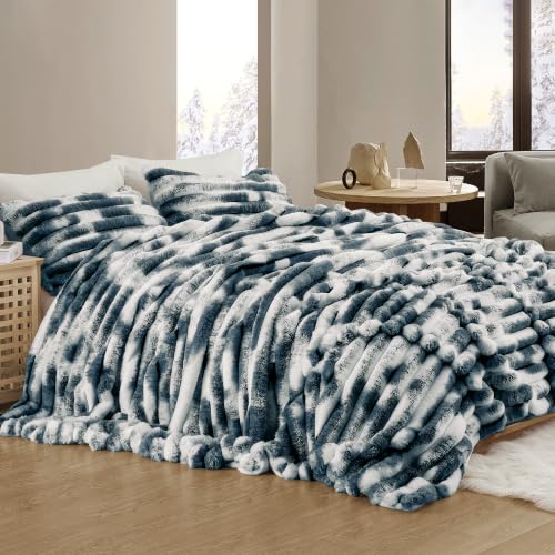 Wonderful Fluffy Faux Rabbit Fur Comforter Set King Size, Striped Stitching Tie-Dye Dark Blue Plush Fuzzy Bedding Set 3 Pieces, Warm Soft Comforter Bedding Set for Winter, 104"x90"