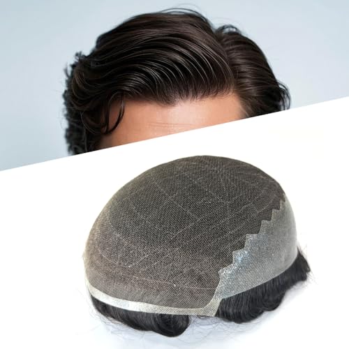 Hywel Toupee for Men with 100% Human Hair, French Lace with Pu Back Toupee Mens Wig, Natural Wave Hair Pieces Replacement System Color #1B Off Black (8 * 10 Inch)