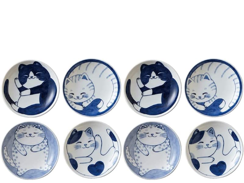 Japanese Small Plate Set Ceramic Cute Cats Design 3.94 x 0.8 Inches Set of 8 For Appetizer Dessert Sushi Sauce