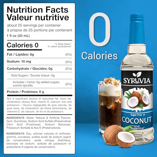 Syruvia Sugar Free Coconut Syrup, Flavored Syrup for Coffee, Cocktails, Drinks, and Desserts – 25.4 fl oz