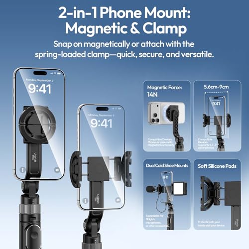 Image of ULANZI TT86 Magnetic Tripod for iPhone 17, 35 inch Extendable Selfie Stick w Remote, 2-in-1 Phone Clip&Dual Cold Shoe Mounts-Lightweight Overhead Phone Tripod Stand for Vlogging, Travel, Video Recording