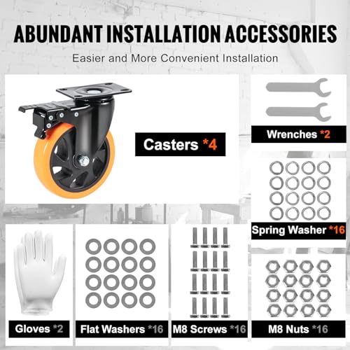 VEVOR Möbelrollen 4er-Set Lenkrollen PVC φ127mm Laufrollen 816kg Tragfähigkeit Transportrollen mit A/B-Bremsen Kastenrollen 360° Drehbar Schwerlastrollen für Häusern Büros Studios Fabriken