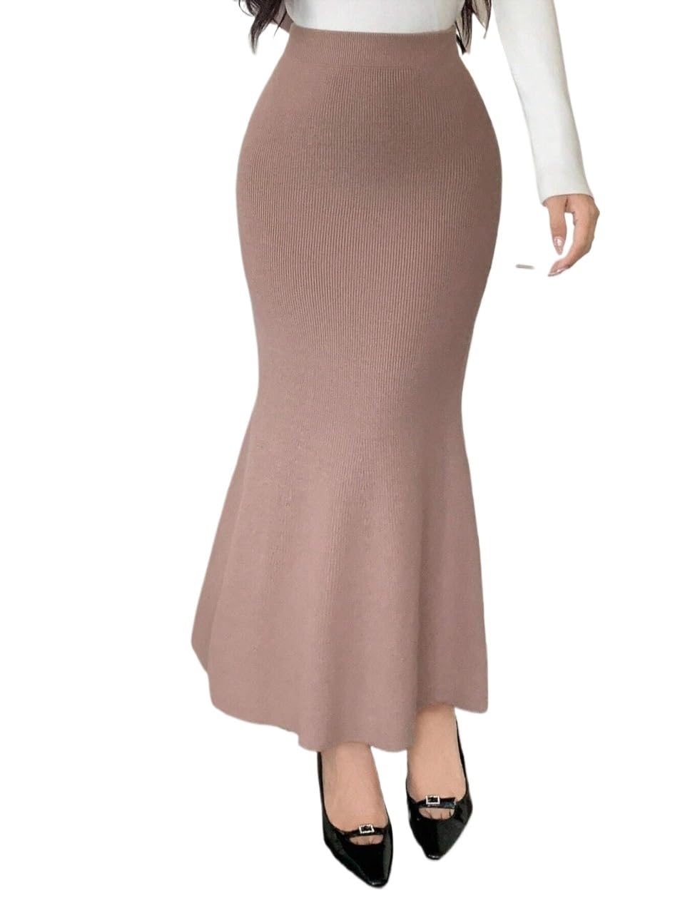 Solid Color Hem Sweater Long Skirt Womens Basic Versatile Trendy Skirt