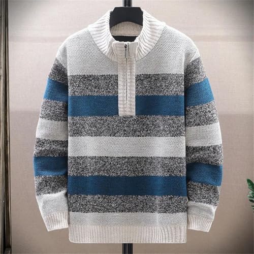 Men's Winter Stand Collar Knit Pullovers Striped Half Zipper Thick Fleece Warm Sweater2