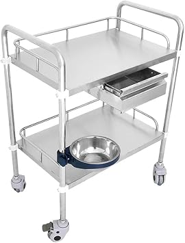 Multifunctional Utility Cart Service Storage Trolley Laboratory Medical Trolley Cart 2-Layer Load-Bearing 100KG with Drawer/Fence Assembly Type Brake Mute Wheel Medical Trolley Bilateral Handrail 6-43
