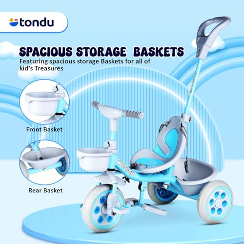 Image of TONDU Kiddo Tricycle for Kids /Baby with Storage Basket | Seat Belt with Parental Control Baby Tricycle (Blue)
