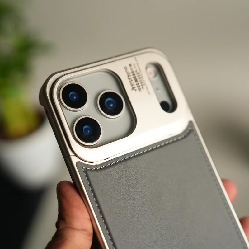 Image of Business Leather Phone Case Compatible with iPhone 17 Pro with Mag Charging | Aluminum Alloy Eco-Friendly Cloth Aroma Therapy Phone Case - Grey