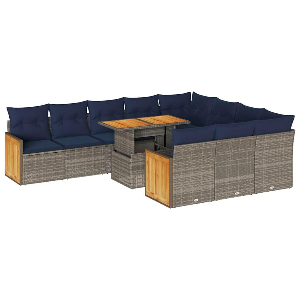 11-częściowy zestaw mebli ogrodowych, szary polirattan, akacja, zestaw mebli outdoorowych z poduszkami, schowkiem, modułowy design, na taras i balkon