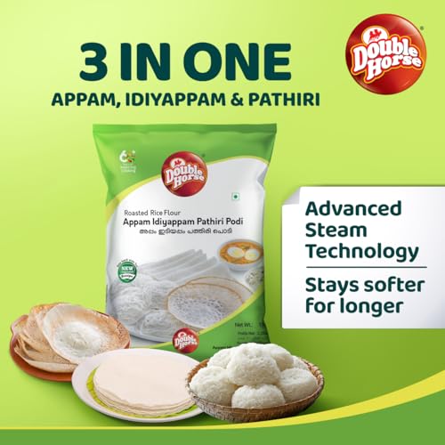 Image of Double Horse Traditional Appam /Idiyappam /Pathiri Rice Flour, 1kg| Roasted Rice Flour| Sortex Rice|Aripodi| Pathil Powder