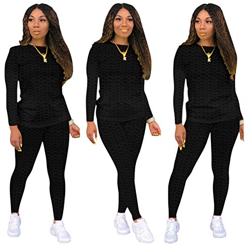 Women's 2 Piece Jogging Outfits Sets for Women Sexy Bodycon Tracksuit Long Sleeve Crewneck Solid Sweatshirt and Pants Set Black M