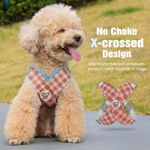 Pawaboo Hundegeschirr mit Hundeleine Set, X-Rahmen Verstellbares Anti Zug Anti-Erstickung Hund Brustgeschirr für Kleine, Mittelgroße Hunde & Welpen, Hundeweste mit Leine, M, Khaki Kariert
