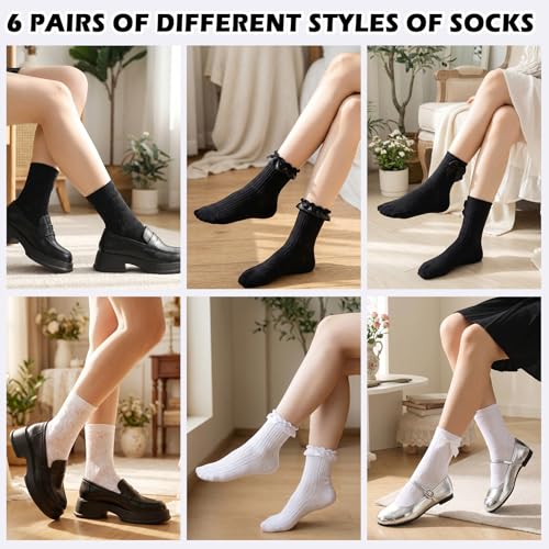 Image of Jspupifip 6 Pairs Lace Ruffle Frilly Crew Socks for Women Girls | Cotton Breathable Cute Princess Ankle Dress Lace Socks Thin Cool Casual Socks