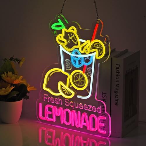 Image of Lemonade Neon Sign, Neon Lights Hanging Wall Art Decoration for Restaturant Shop Food Truck Market Bakeries Cafe Celebration Home Decor, USB Powered Ultra Bright Dimmable,15.75 * 12.6inches