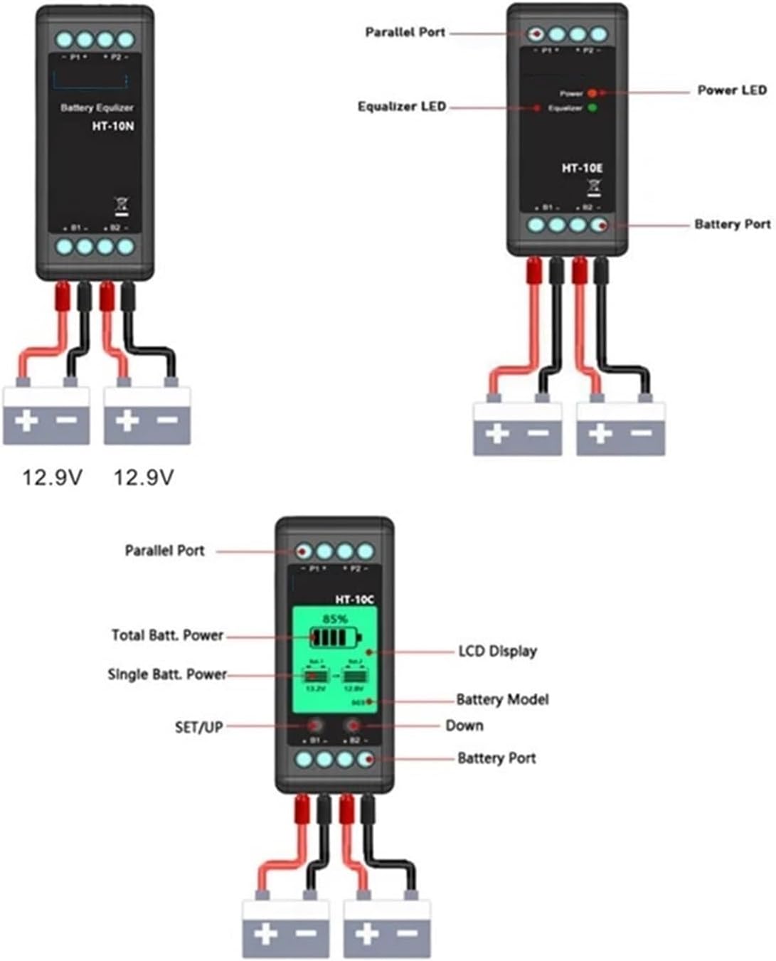 CAARLA Battery Equalizer 12V Battery Equalizer 10A Active Balancer Connected in Parallel Series L-C-D Meter for 24/36/48V/96V(LCD)
