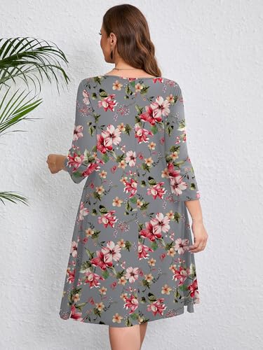 Image of AusLook Women's Plus Midi Dresses Crew Neck A Line 3 /4 Sleeves Casual Elegant Loose Wedding Vacation Dress with Pockets