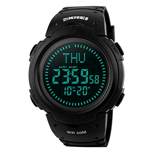 Men's Military Sports Digital Watch Survival Compass LED Screen Large Face 50M Waterproof Stopwatch Alarm Wristwatch (Black)