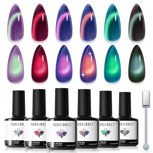 Image of modelones Glitter Cat Eye Gel Nail Polish Kit with Magnet, 6 Colors Blue Green Purple Brown Red Orange Colorful Holographic Nail Polish Set, UV Cure Gel for DIY Manicure at Home Gift for Women