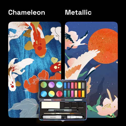 Image of ARTISTRO 18 Metallic Color Watercolor Paint Set - Portable Paint Art Kit with Palette and Brush Pens - Travel Water Color Set for Adults, Professionals, Kids - Art and Painting Supplies - Gift Idea