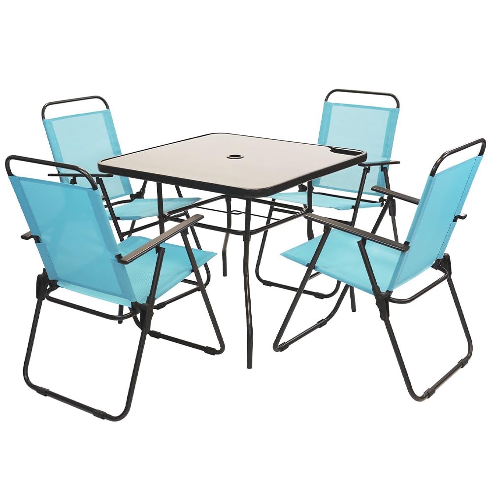 Shally Dogan Set da Pranzo Giardino 6 Pezzi con Ombrellone, 4 Sedie Pieghevoli, Tavolo Vetro Temperato, UV Resistente, Arredamento Esterno