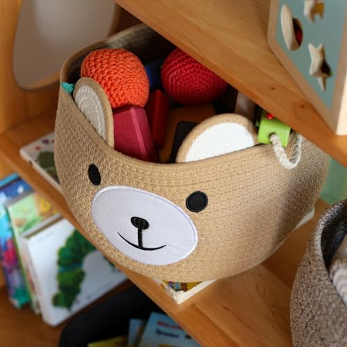 HMF Aufbewahrungskorb mit versteckten Griffen, Korb für Kinderzimmer aus Baumwolle | Bär | 30 x 24 cm | Honig