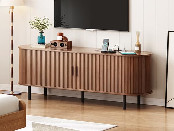 Image of ONBRILL 63 inch TV Stand with Power Outlet for TVs up to 70 Inch, Entertainment Center with Storage and Adjustable Shelves, Modern Media Console with Sliding Doors for Living Room, Walnut