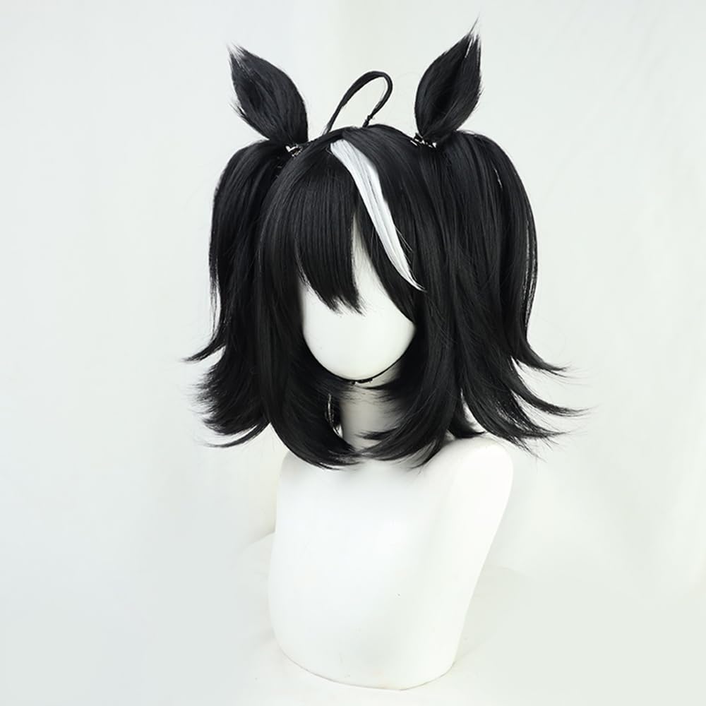Kitasan Black Cosplay Wig Ombre Black Hair Wigs Short Straight Wigs with Bang Cosplay Show Wig + Ears + Tail