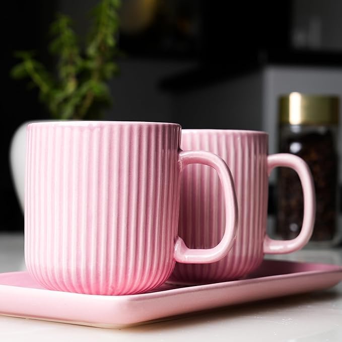 Image of Premium Ceramic Coffee Mug Set with Tray | Mugs 300 ml (Set of 2) with Matching Serving Tray | Modern Stoneware Cups | Ideal for Tea, Coffee & Gifting (Pink)