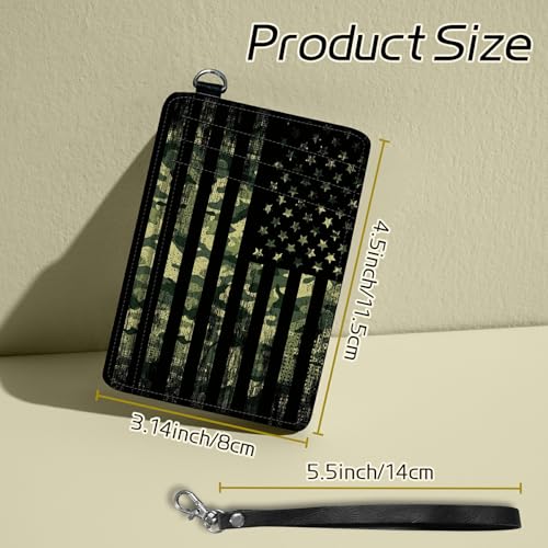 Image of Small Travel Wallets, Military Camouflage American Flag Slim Minimalist Front Pocket Wallet with Wristlet, RFID Blocking PU Leather Credit Card Holder with ID Window Change Purse for Men Women