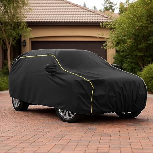 Image of Sulfar 100% Water Resistant Car Body Cover Compatible with Mirror for Maruti Suzuki Esteem (Triple Stitched, Full Bottom Elastic, Black Taffeta with Yellow Piping)