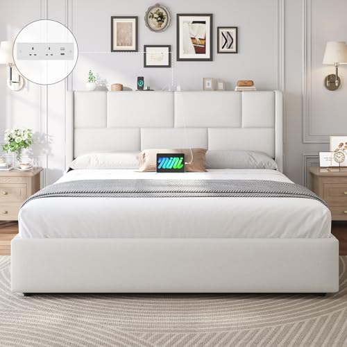 Brinlawb 5ft King Size Ottoman Bed Frame with Hydraulic Storage Upholstered King Size Bed Frame with Height-Adjustable Headboard and Charging Station Ample Under-Bed Storage Space 150x200 cm White