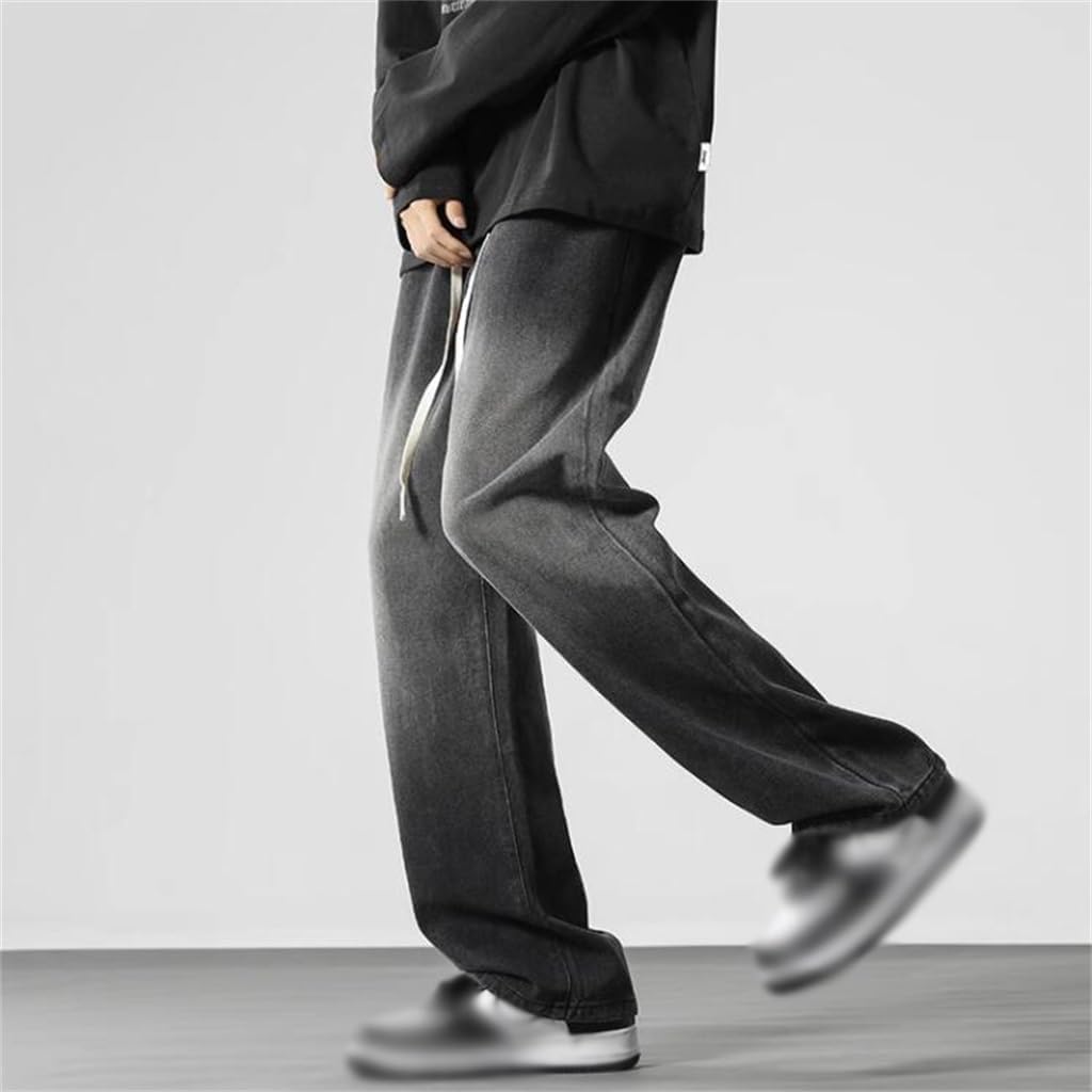 [ABONEX] 黒ジーンズ男性秋アメリカンハイストリートストレートパンツ無頼漢ハンサム徐々にワイドレッグパンツルーズになる