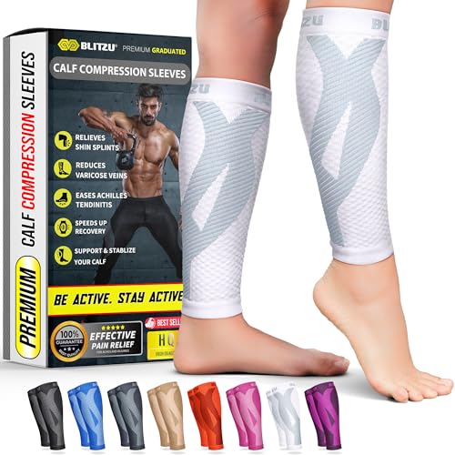 BLITZU Calf Compression Sleeves for Men and Women. Footless Compression Socks Support for Varicose Vein, Nursing, Running. Leg Sleeve Brace for Shin Splints, Pain Relief & Reduces Swelling White S-M