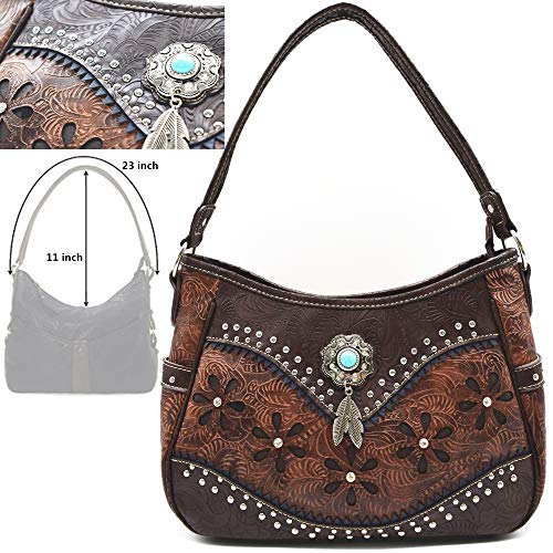 Tooled Leather Floral Laser Cut Flower Feather Purse Studs Country Western Handbag Women Shoulder Bag Trifold Wallet Set2